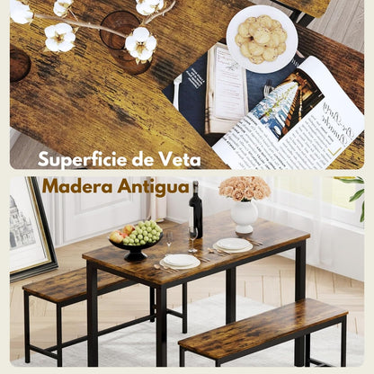 [2bancos+Mesa]Juego de mesa de comedor Marron de 110 cm con 2 bancos Lomaner