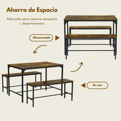 [2bancos+Mesa]Juego de mesa de comedor Marron de 110 cm con 2 bancos Lomaner