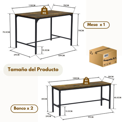 [2bancos+Mesa]Juego de mesa de comedor Marron de 110 cm con 2 bancos Lomaner