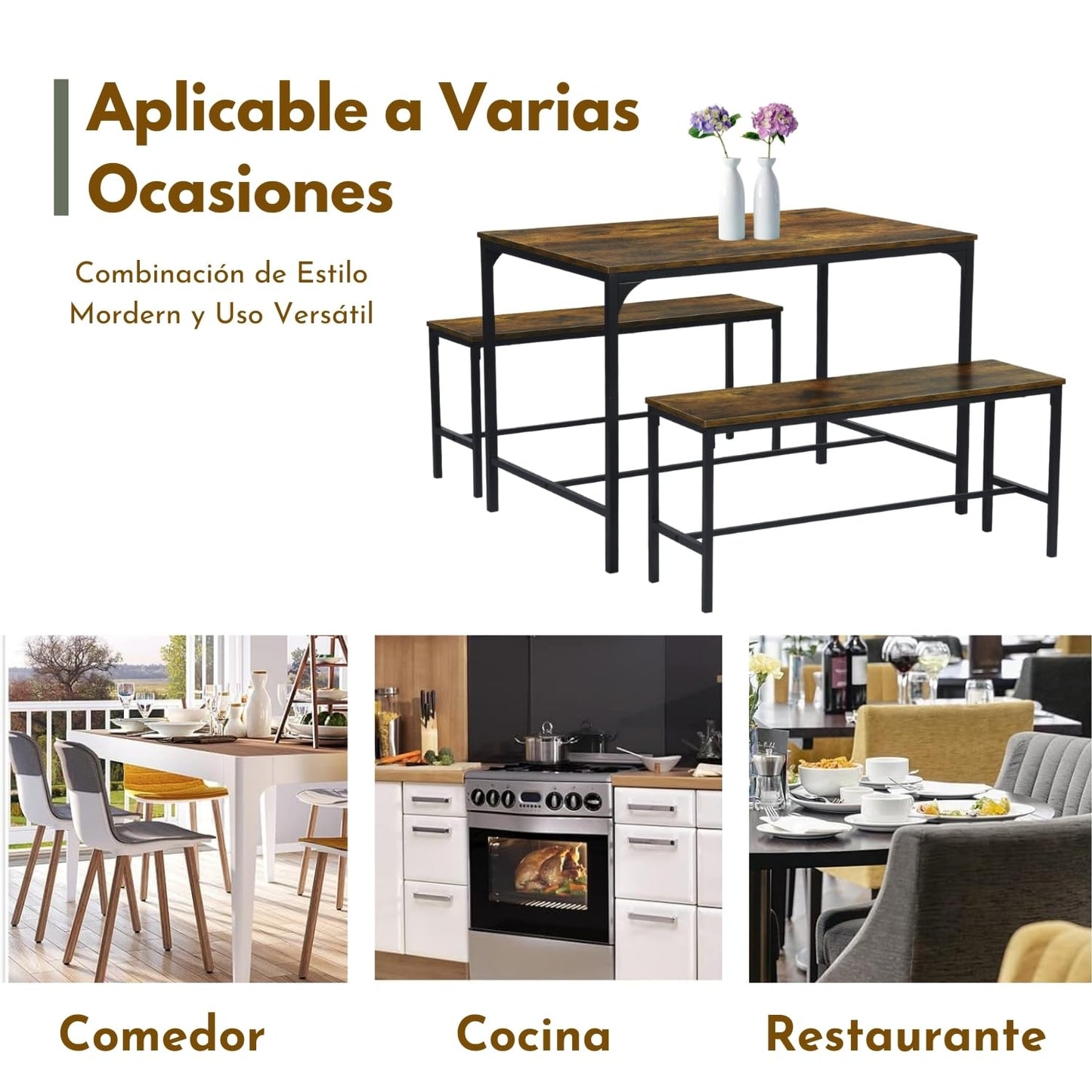 [2bancos+Mesa]Juego de mesa de comedor Marron de 110 cm con 2 bancos Lomaner