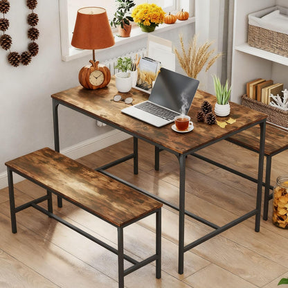 [2bancos+Mesa]Juego de mesa de comedor Marron de 110 cm con 2 bancos Lomaner