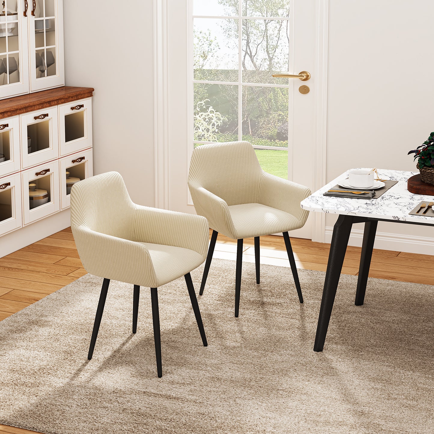 Silla de Comedor Tapizada Beige con Brazos 2PCS
