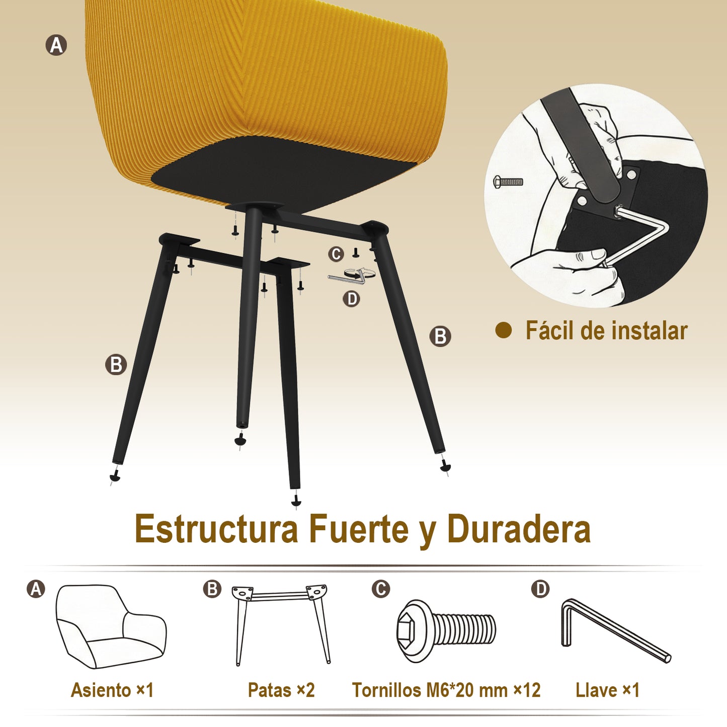 Silla de Comedor Tapizada Mostaza con Brazos 2PC