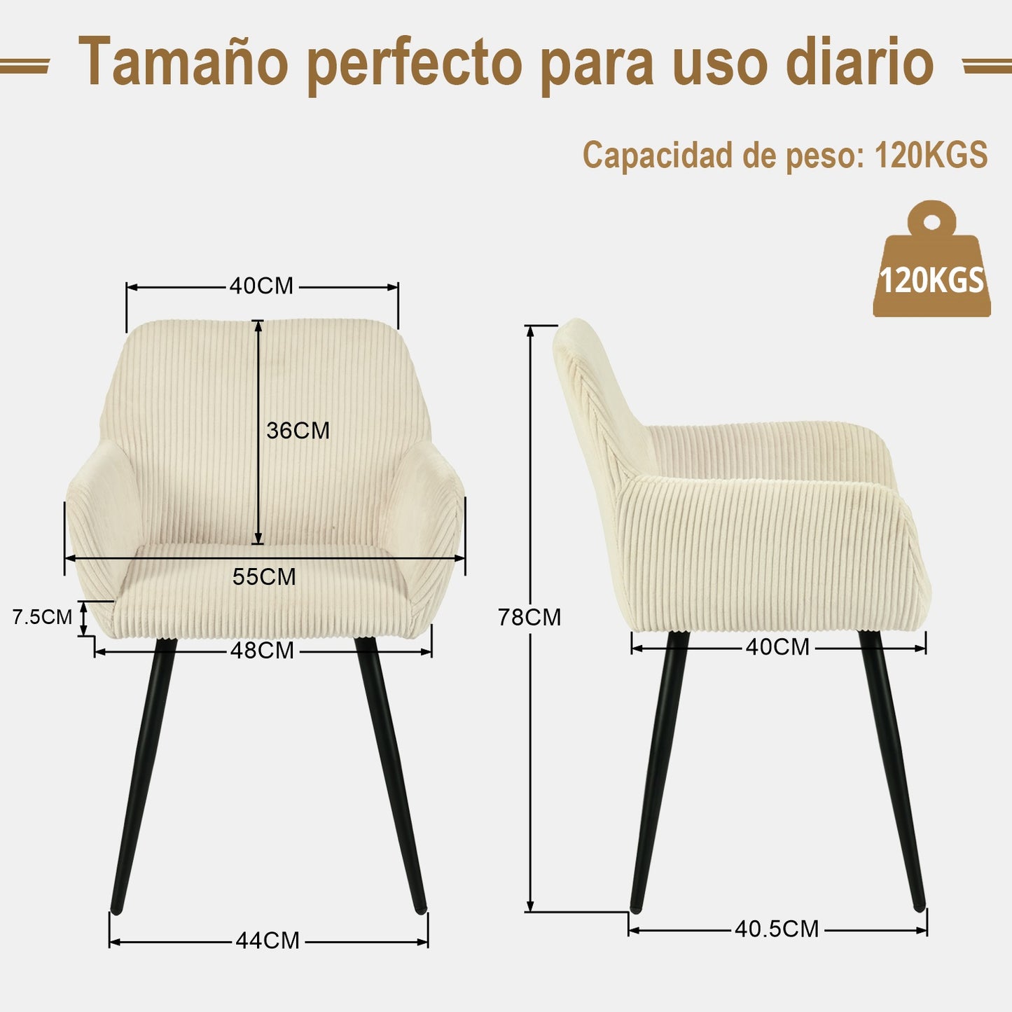Silla de Comedor Tapizada Beige con Brazos 2PCS