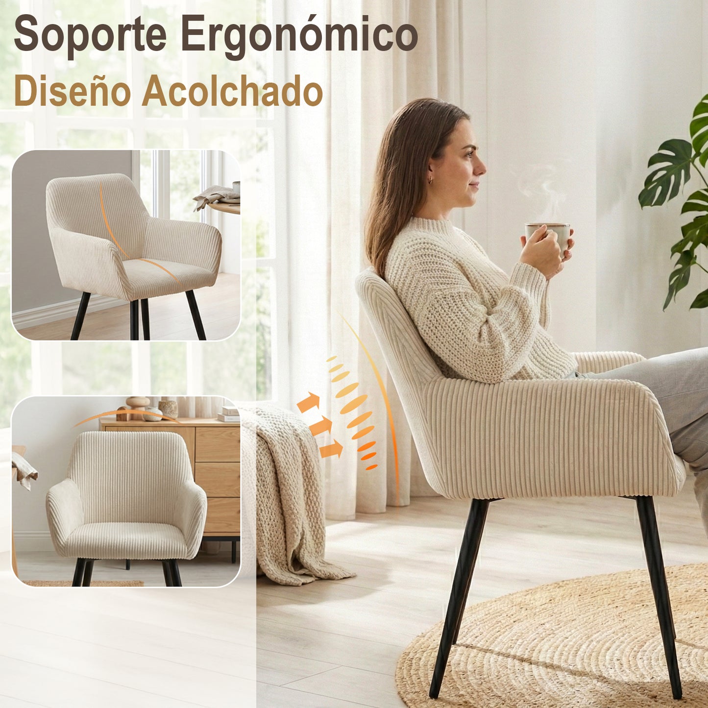 Silla de Comedor Tapizada Beige con Brazos 2PCS