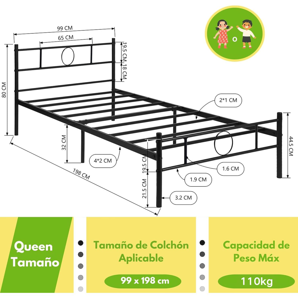 Base de Cama Individual de Metal Negro con Cabecero