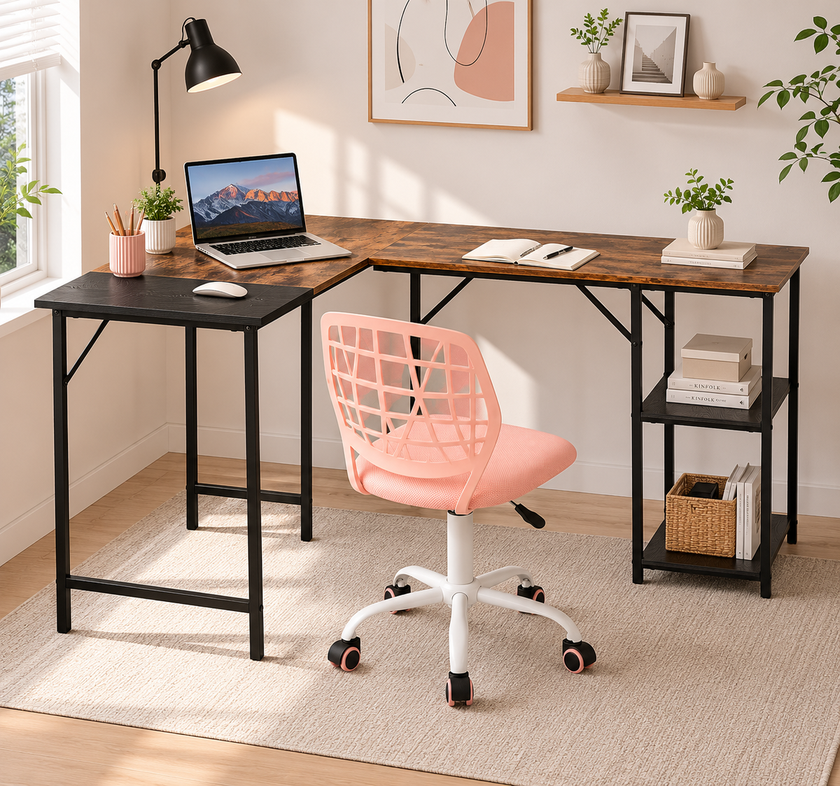 Escritorio en L con Almacenaje + Silla de Oficina Rosa