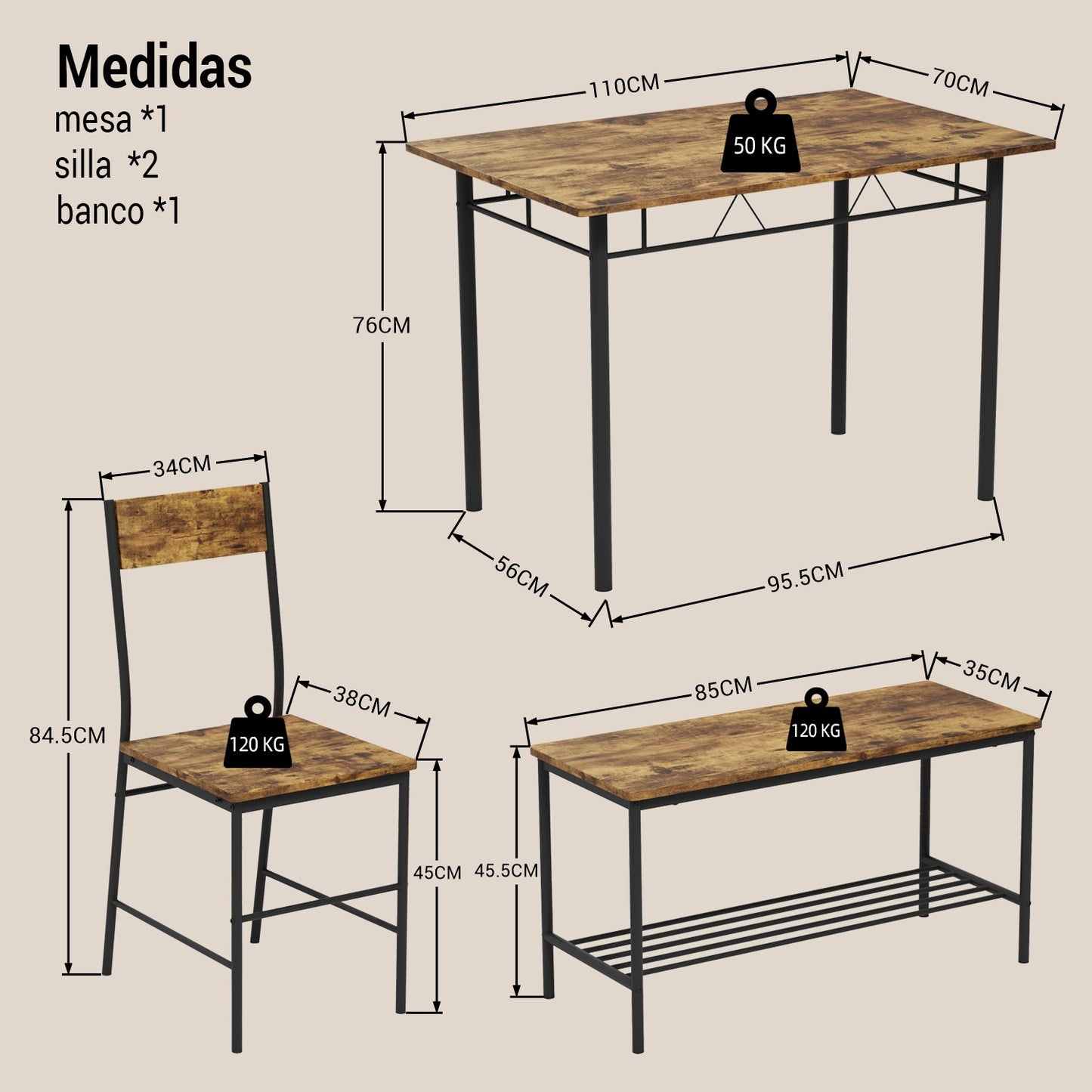 Juego de Comedor 4 Piezas — Mesa + 2 Sillas + Banco