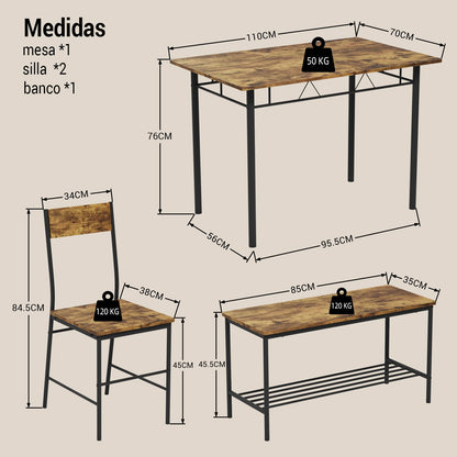Juego de Comedor 4 Piezas — Mesa + 2 Sillas + Banco