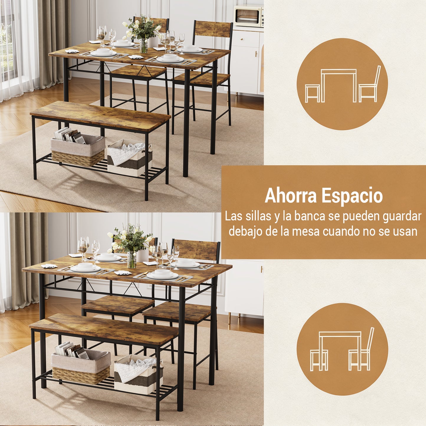 Juego de Comedor 4 Piezas — Mesa + 2 Sillas + Banco