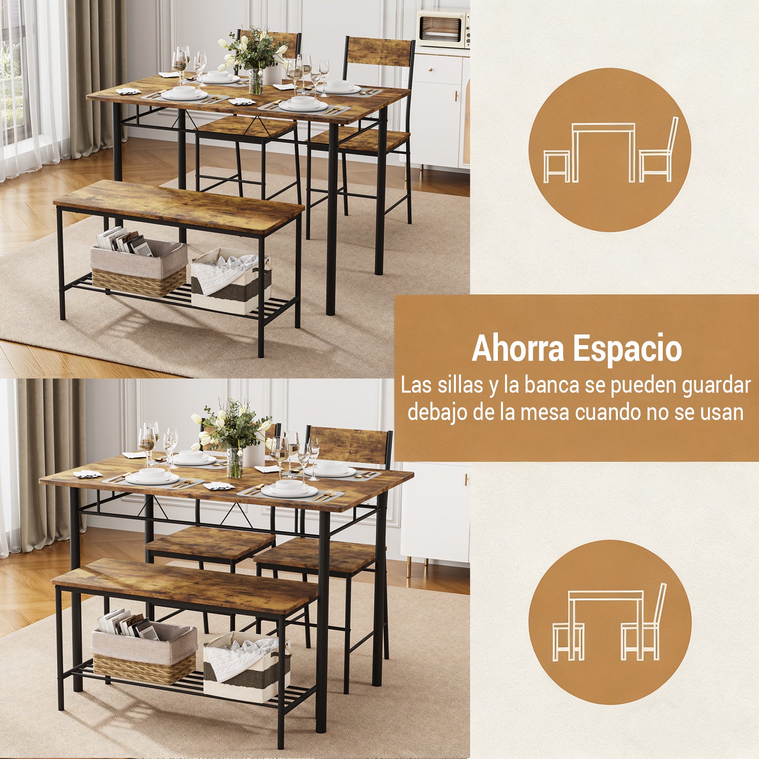 Juego de Comedor 4 Piezas — Mesa + 2 Sillas + Banco