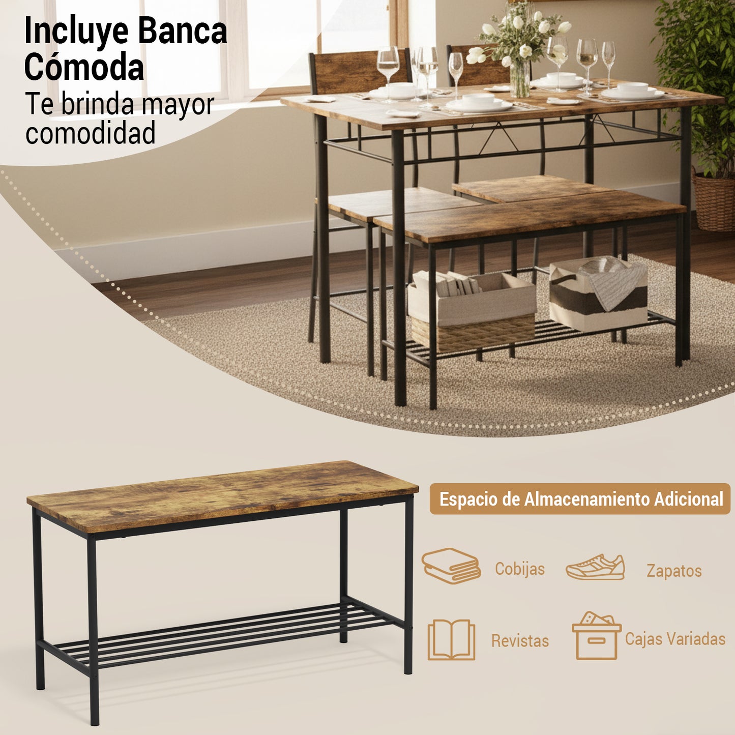 Juego de Comedor 4 Piezas — Mesa + 2 Sillas + Banco