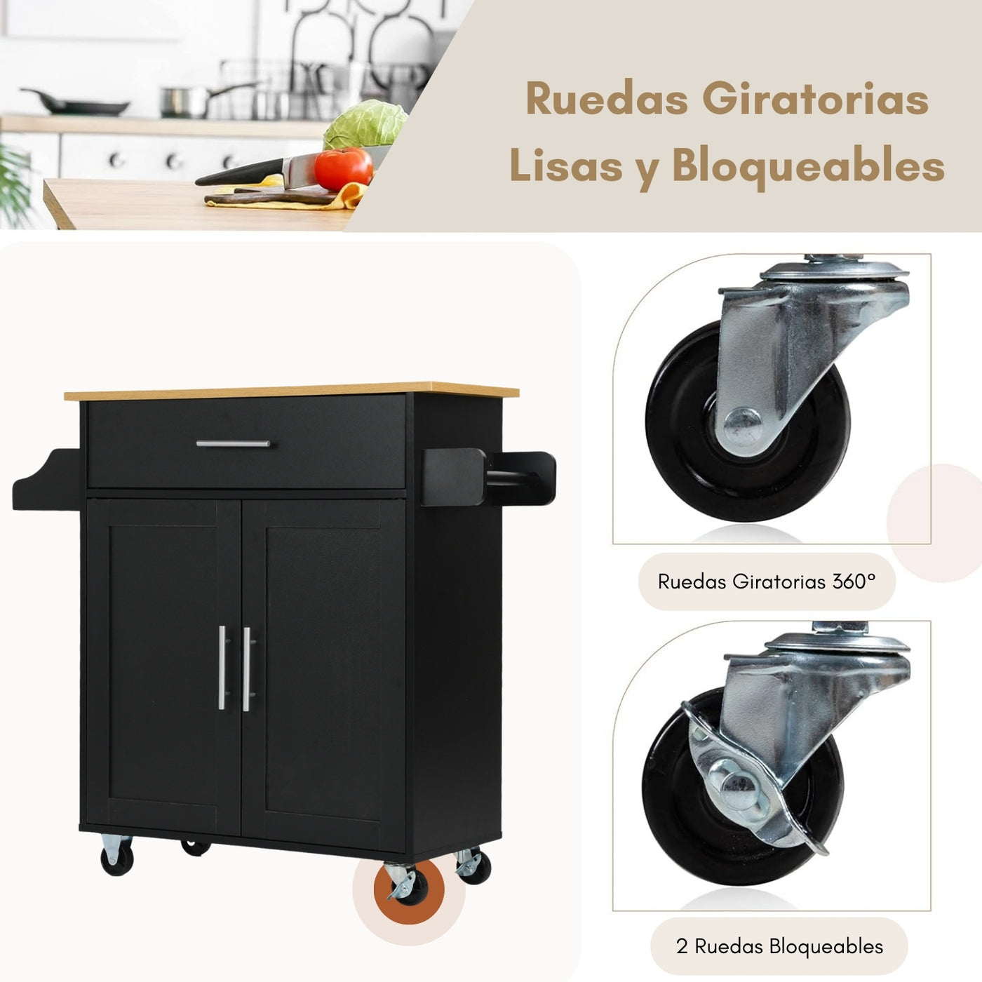 NUEVO Carrito de Cocina Madera Carrito Isla de Cocina RANGER BLACK