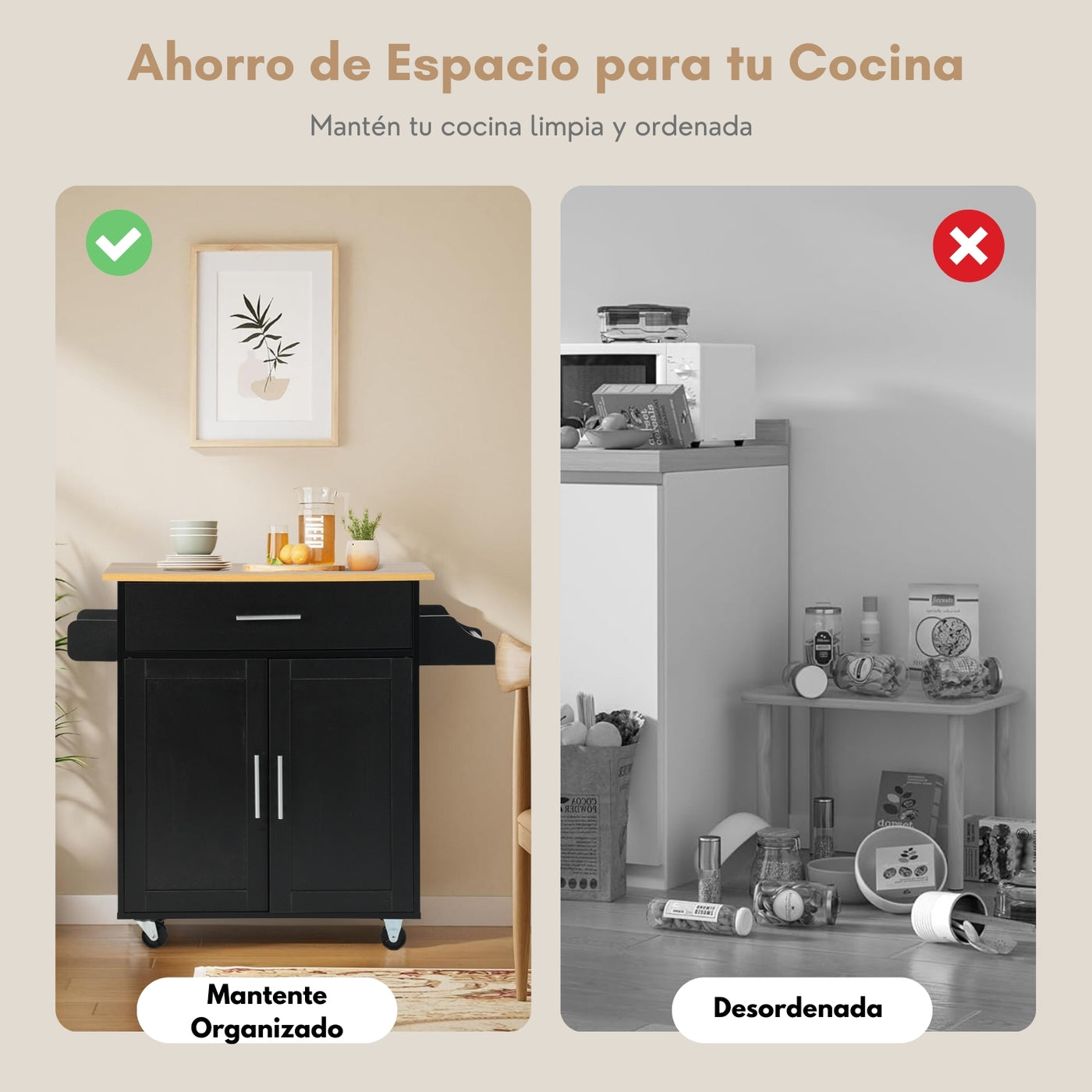 NUEVO Carrito de Cocina Madera Carrito Isla de Cocina RANGER BLACK