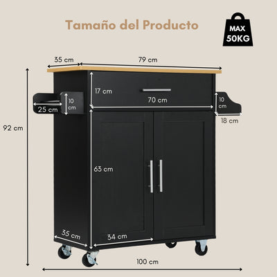 NUEVO Carrito de Cocina Madera Carrito Isla de Cocina RANGER BLACK