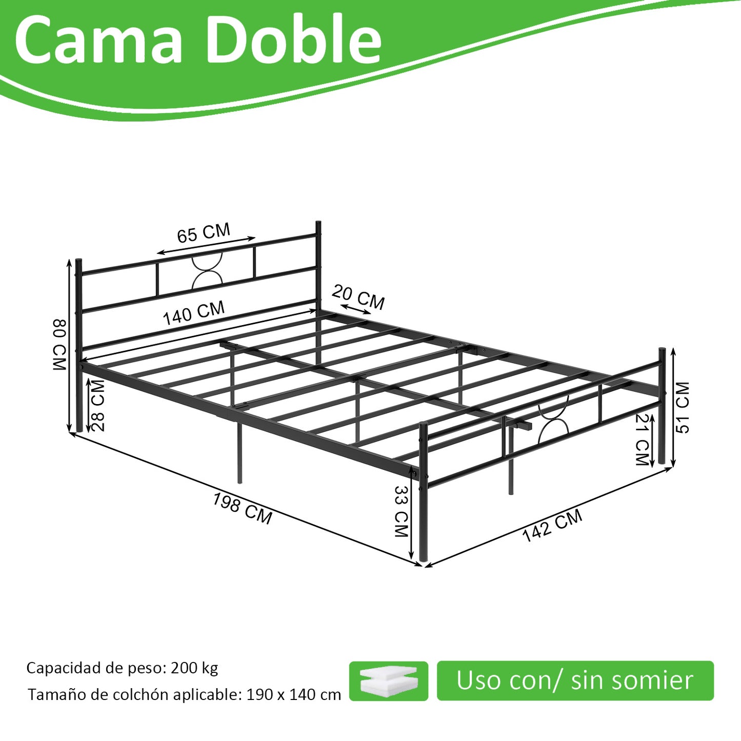 Cama Doble de Metal 198×142cm Moderno Negro SANE
