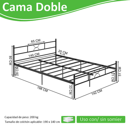 Cama Doble de Metal 198×142cm Moderno Negro SANE