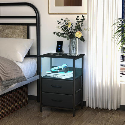 Mesitas de Noche con Luces LED y 2 Puertos USB Negro 2PCS