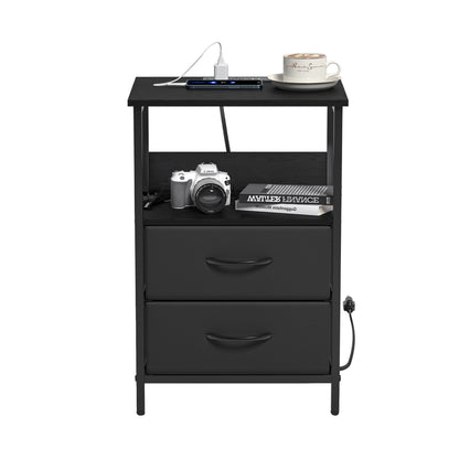 Mesitas de Noche con Luces LED y 2 Puertos USB Negro 2PCS