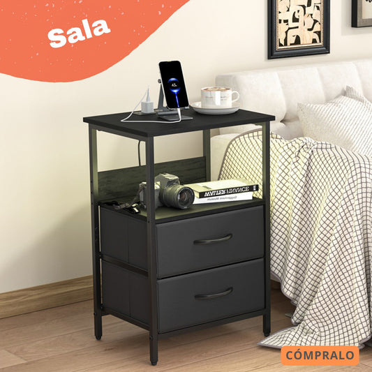 Mesitas de Noche con Luces LED y 2 Puertos USB Negro 1PC