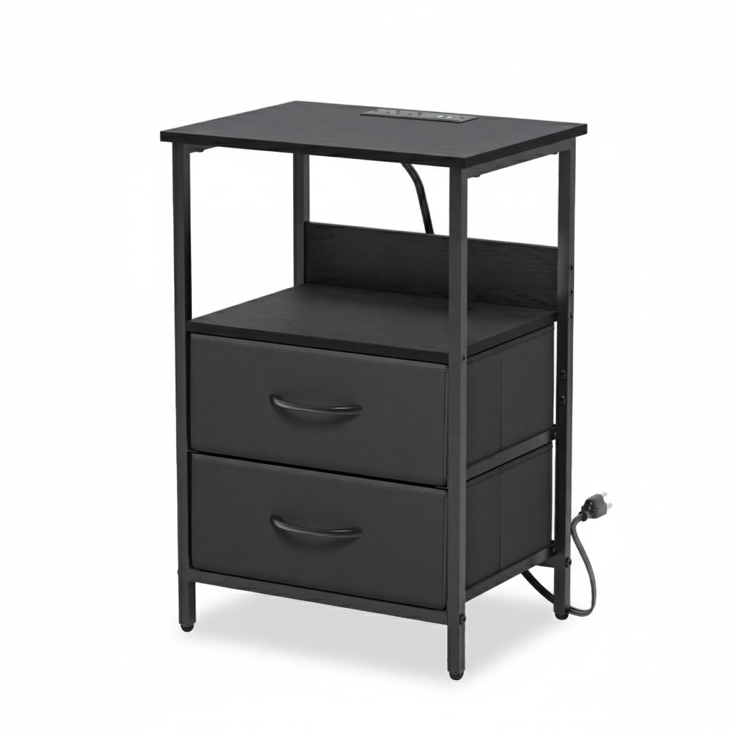 Mesitas de Noche con Luces LED y 2 Puertos USB Negro 1PC