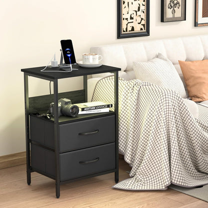 Mesitas de Noche con Luces LED y 2 Puertos USB Negro 1PC