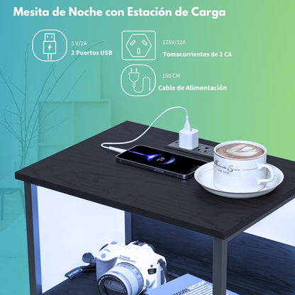 Mesitas de Noche con Luces LED y 2 Puertos USB Negro 2PCS