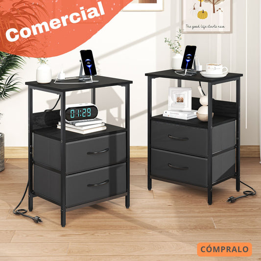 Mesitas de Noche con Luces LED y 2 Puertos USB Negro 2PCS