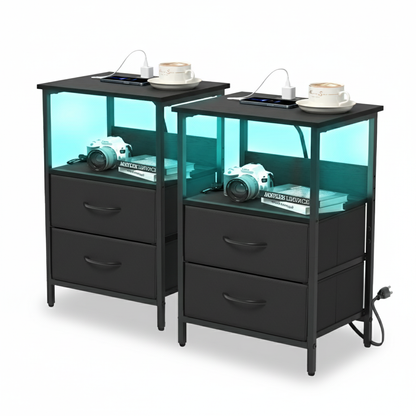 Mesitas de Noche con Luces LED y 2 Puertos USB Negro 2PCS