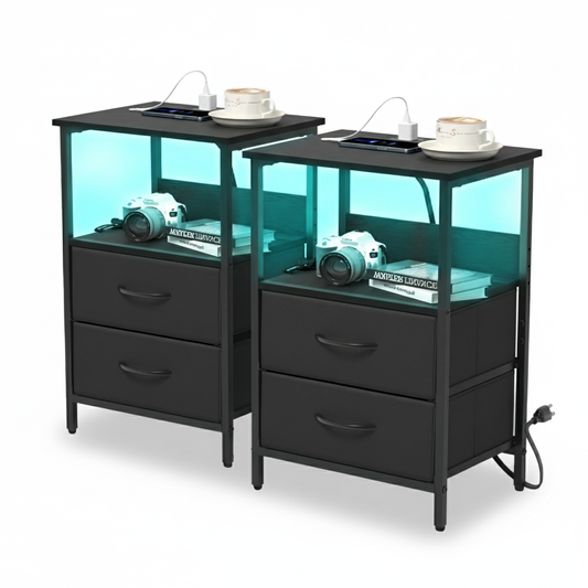 Mesitas de Noche con Luces LED y 2 Puertos USB Negro 2PCS