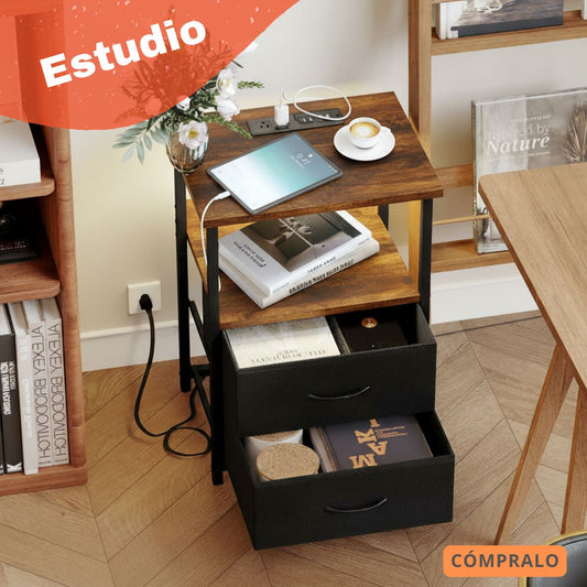 Mesitas de Noche con Luces LED y 2 Puertos USB Marron 1PC