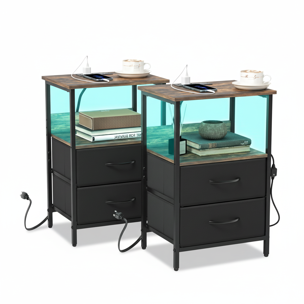 Mesitas de Noche con Luces LED y 2 Puertos USB Marron 2PCS