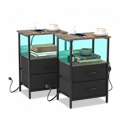 Mesitas de Noche con Luces LED y 2 Puertos USB Marron 2PCS