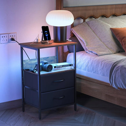Mesitas de Noche con Luces LED y 2 Puertos USB Marron 1PC