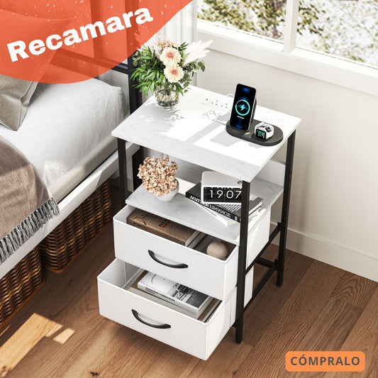 Mesitas de Noche con Luces LED y 2 Puertos USB Blanco 1PC