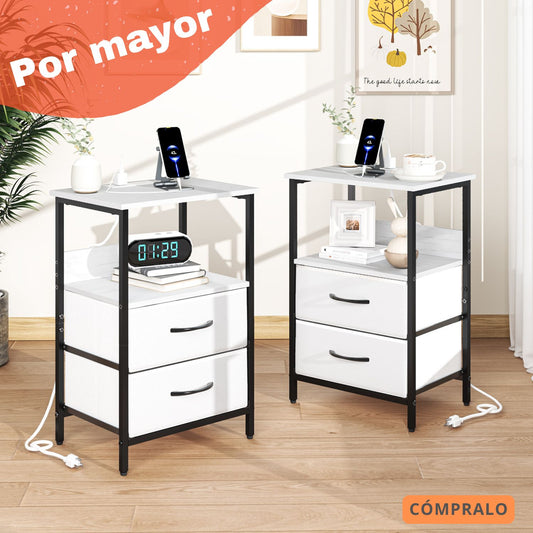 Mesitas de Noche con Luces LED y 2 Puertos USB Blanco 2PCS