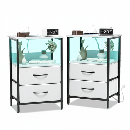 Mesitas de Noche con Luces LED y 2 Puertos USB Blanco 2PCS