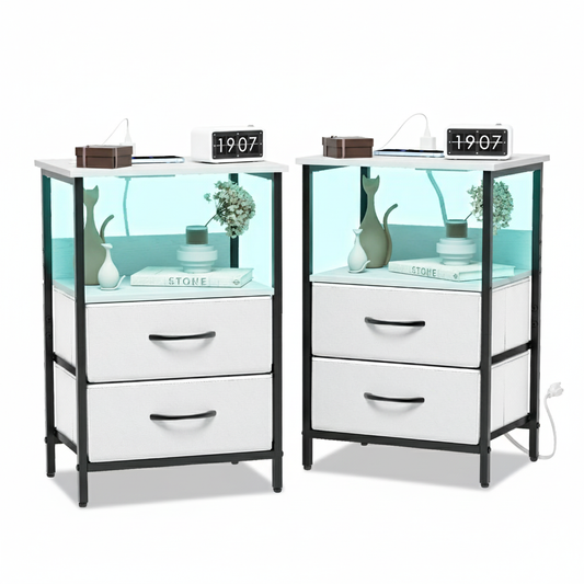 Mesitas de Noche con Luces LED y 2 Puertos USB Blanco 2PCS