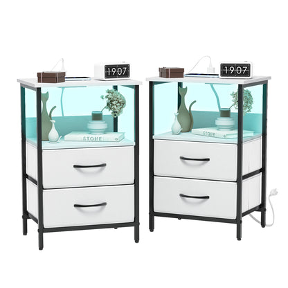 Mesitas de Noche con Luces LED y 2 Puertos USB Blanco 2PCS