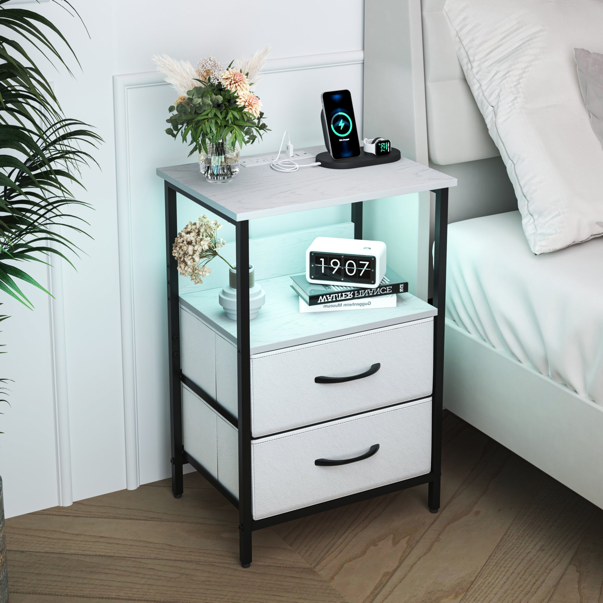 Mesitas de Noche con Luces LED y 2 Puertos USB Blanco 1PC