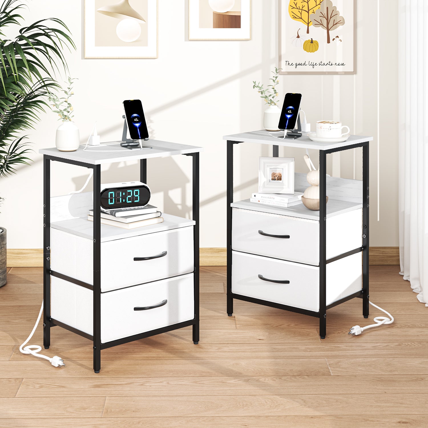 Mesitas de Noche con Luces LED y 2 Puertos USB Blanco 2PCS