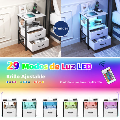 Mesitas de Noche con Luces LED y 2 Puertos USB Blanco 2PCS