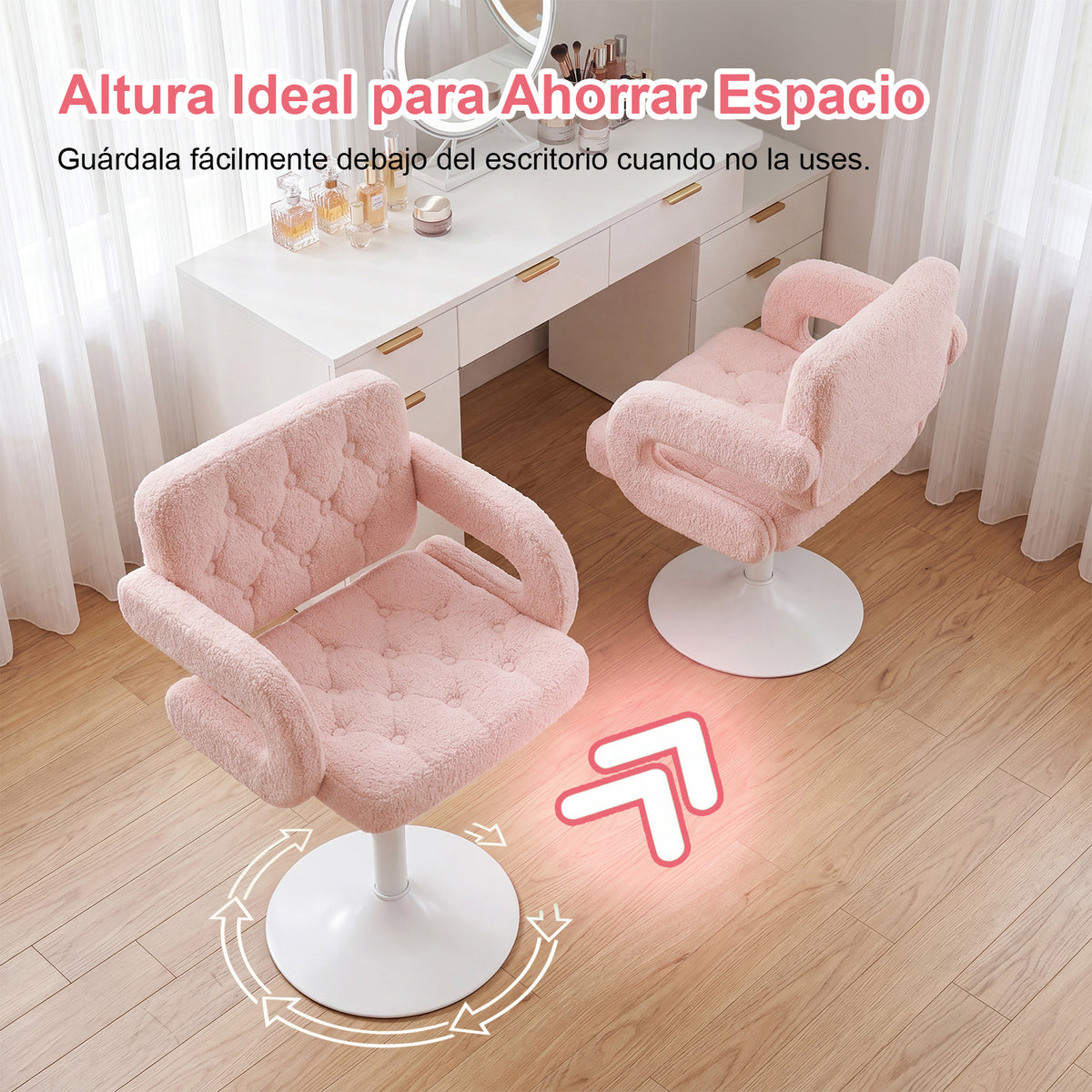 Silla Giratoria Ajustable con Brazos y Base Redonda Rosa