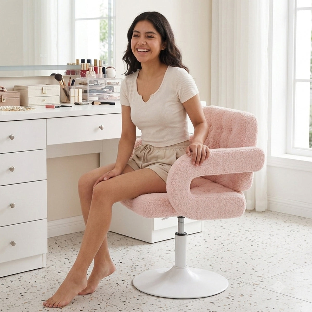 Silla Giratoria Ajustable con Brazos y Base Redonda Rosa