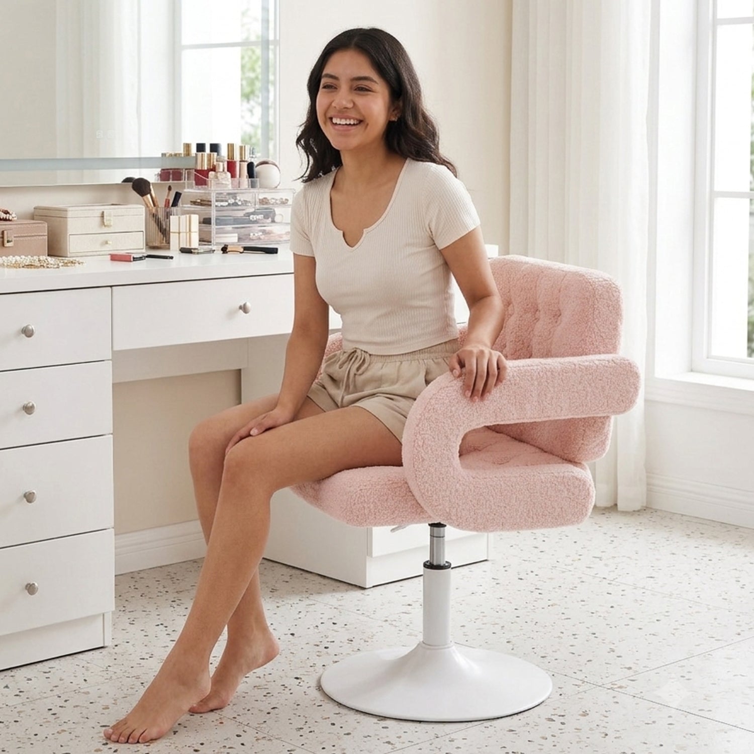 Silla Giratoria Ajustable con Brazos y Base Redonda Rosa