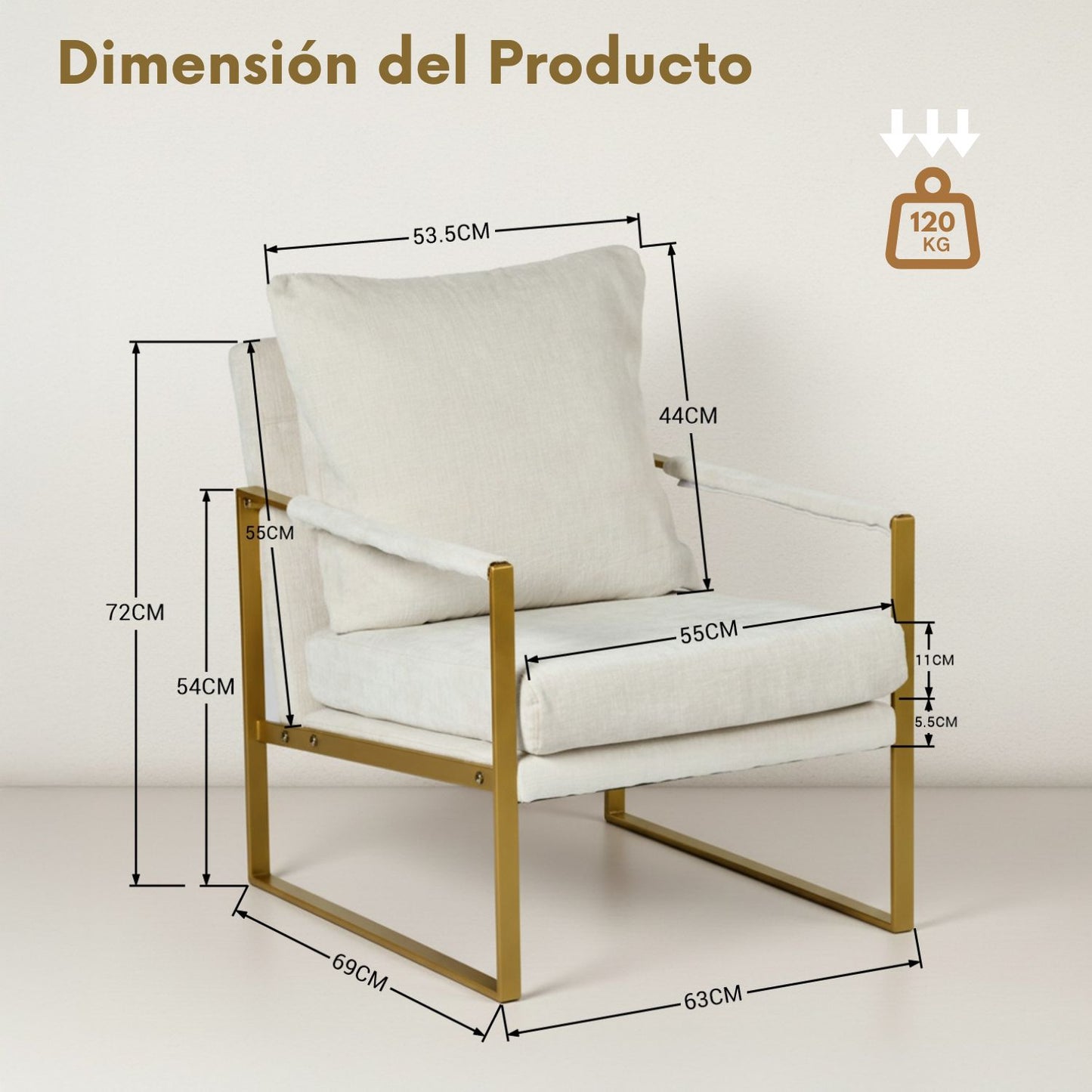Sillon Acento Moderna con Estructura Metálica Dorada y Cojines Beige