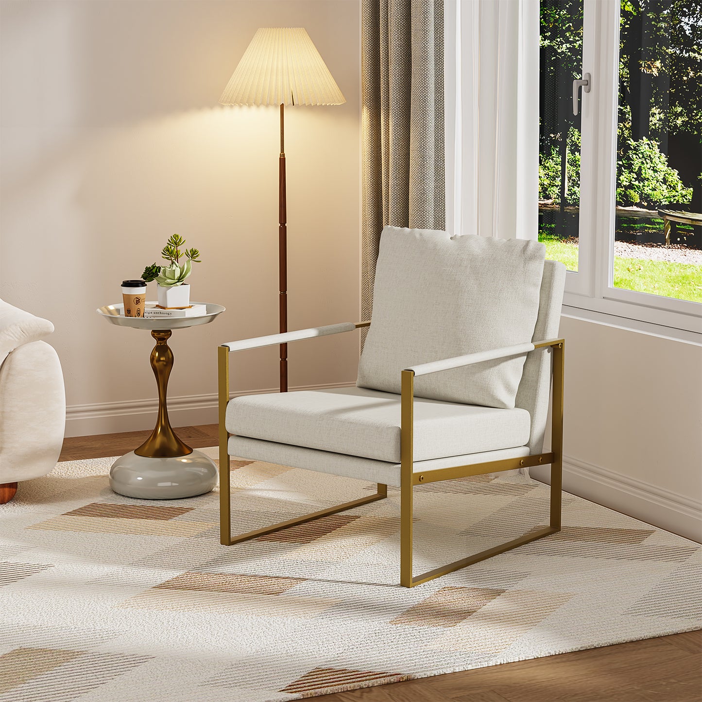 Sillon Acento Moderna con Estructura Metálica Dorada y Cojines Beige