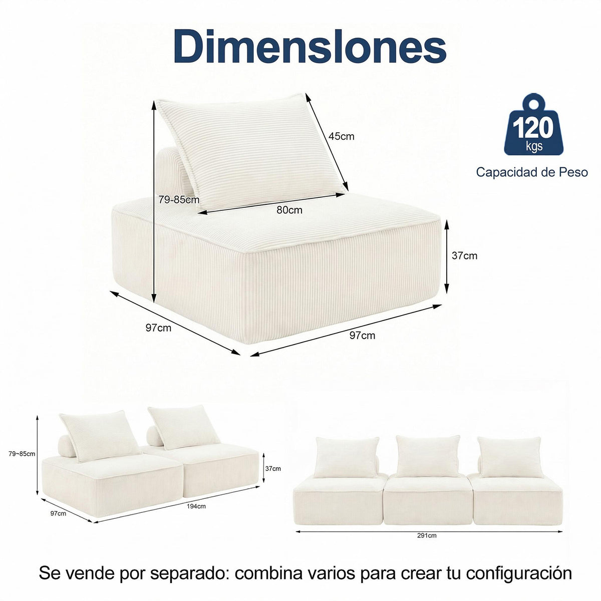 Sofá Modular Individual Sin Montaje Beige ZIVA