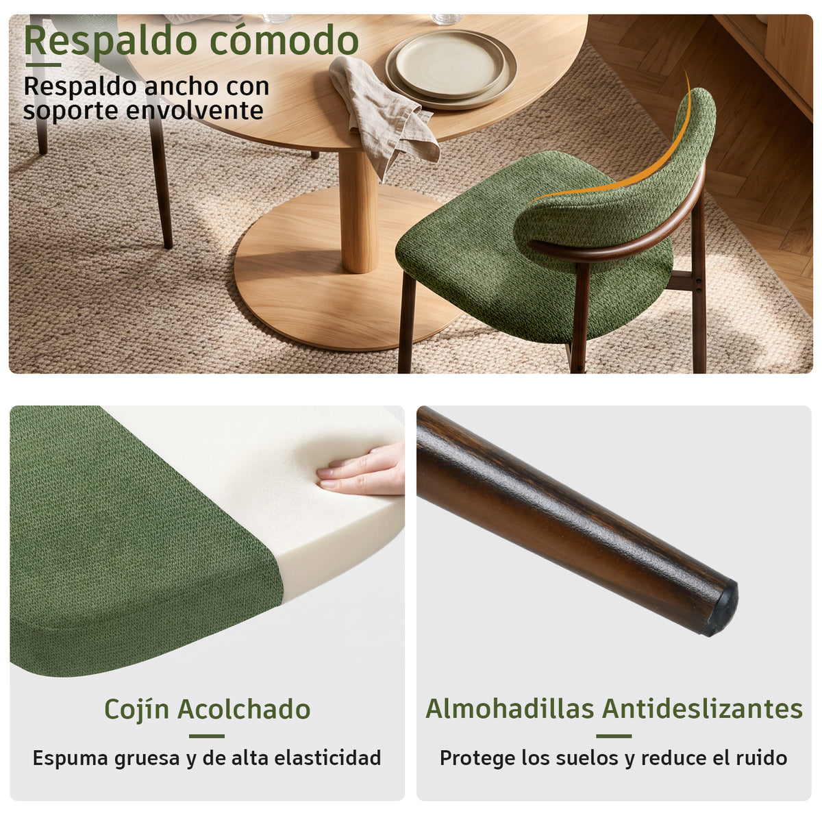 Juego de 2 Sillas de Comedor Tapizadas con Respaldo Curvo Verde Zorro