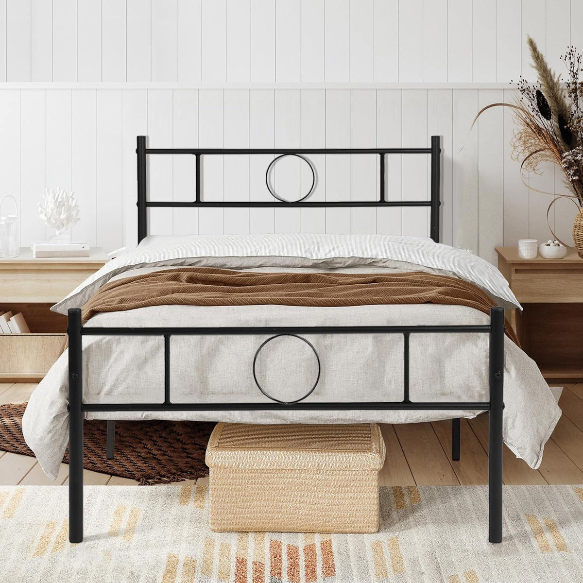 Base de Cama Individual de Metal Negro con Cabecero